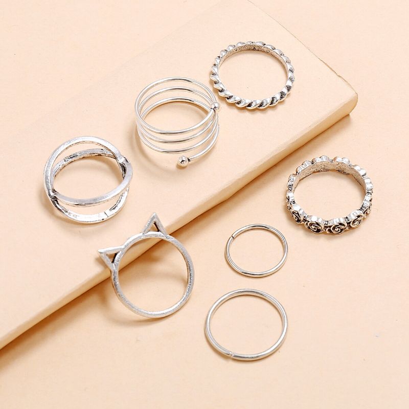 Vintage Geometrisk Rose Twist Rings Metall Stereoskopisk Cross Cat Øre Ringer Sett