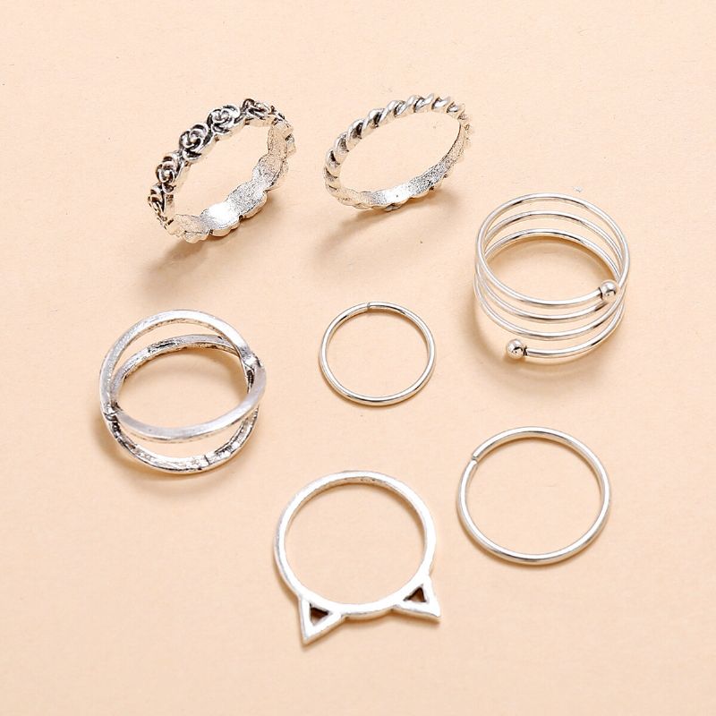 Vintage Geometrisk Rose Twist Rings Metall Stereoskopisk Cross Cat Øre Ringer Sett