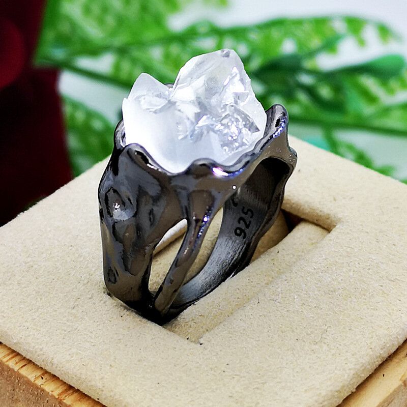 Vintage Geometrisk Uregelmessig Naturlig Krystallmalmring Metall Hul Gjennomsiktig Gemstone Fingerringer