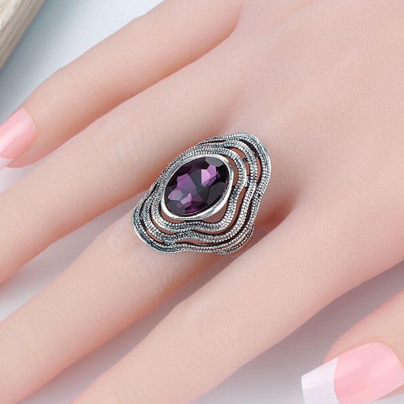 Vintage Metal Dusk Hul Gemstone Ring Geometrisk Oval Blå Glass Finger