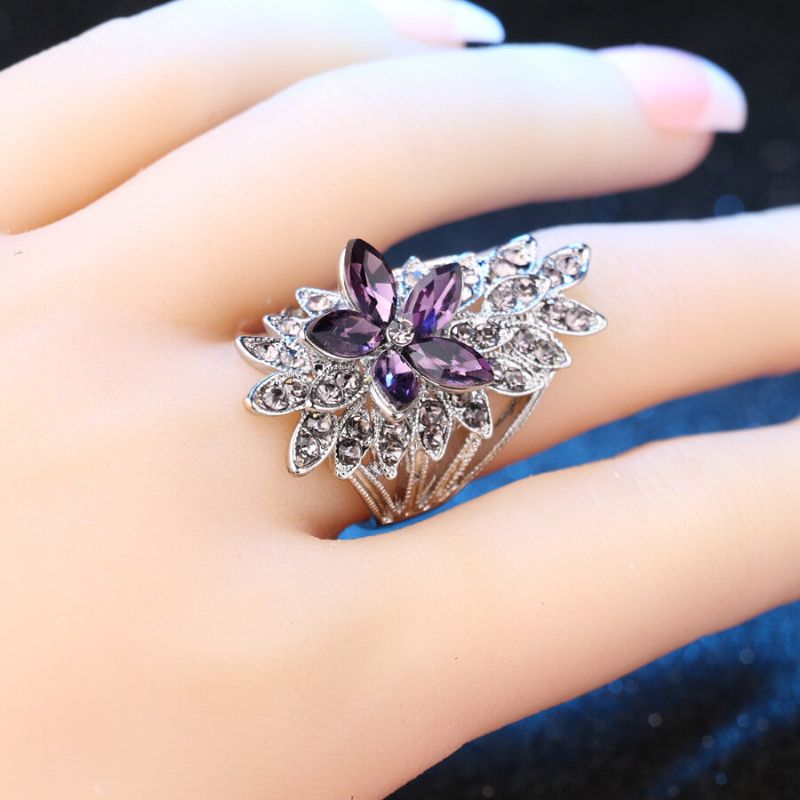 Vintage Metall Hul Rhinestone Fingerring Geometrisk Stereoskopisk Lilla Perle Blomst Ring