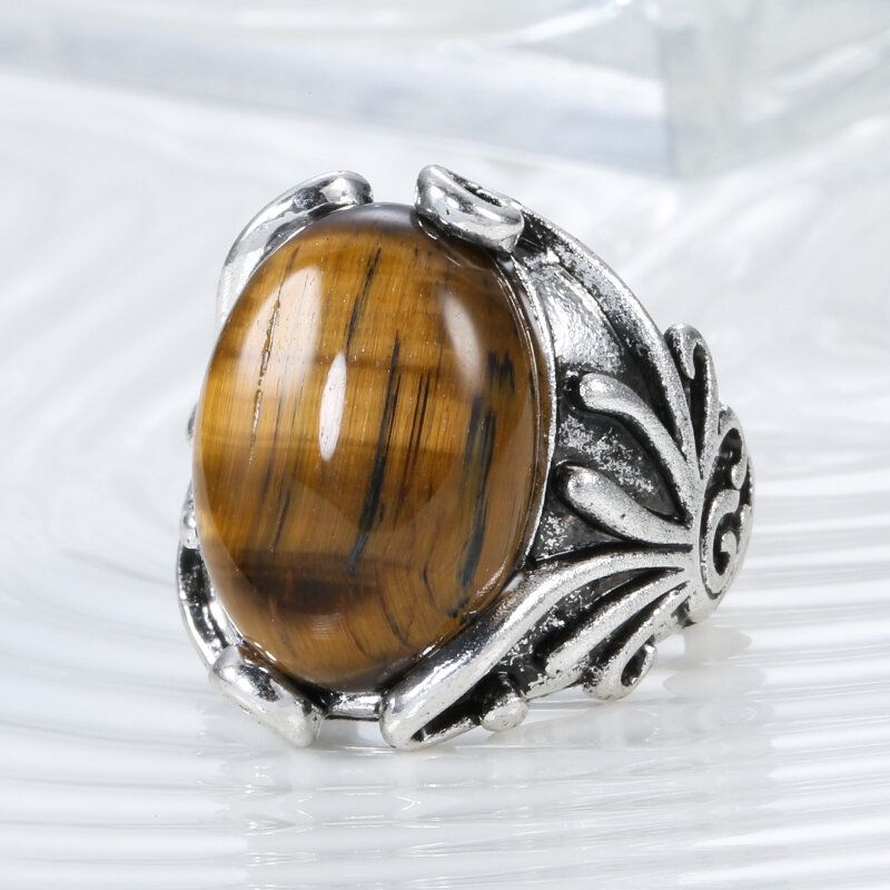 Vintage Naturstein Ring Eldgammel Sølv Skåret Tigerøye Stein Fingerring