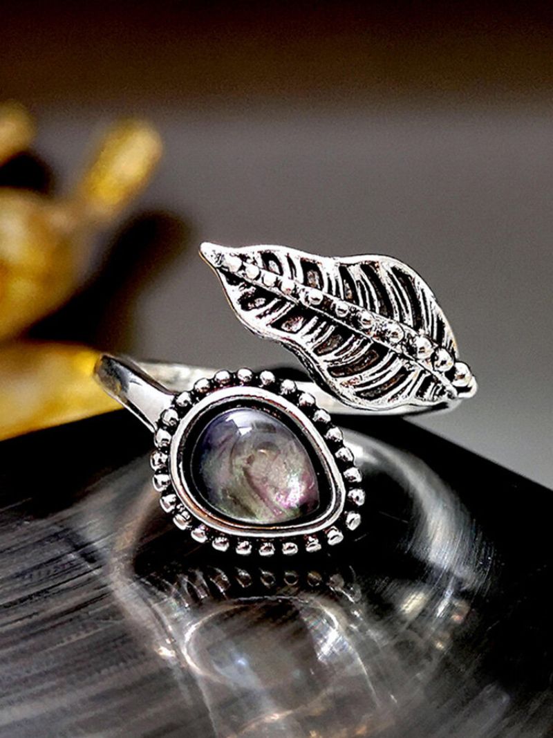 Vintage Shell Moonstone Ring Creative Leaves Open Women