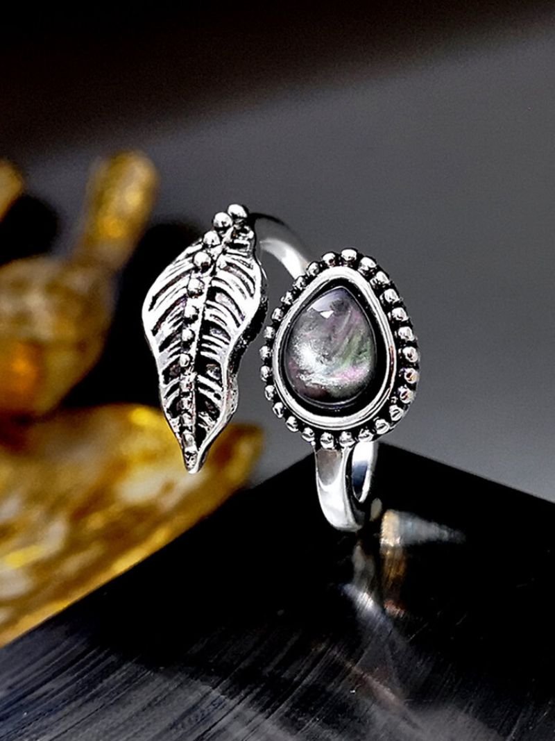 Vintage Shell Moonstone Ring Creative Leaves Open Women