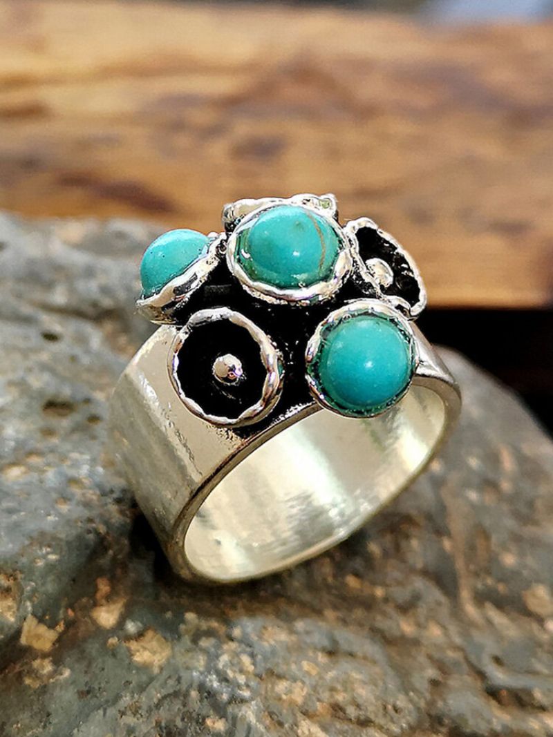 Vintage Turkis Thai Sølv Kvinner Ring Bryllup Blomst Gem