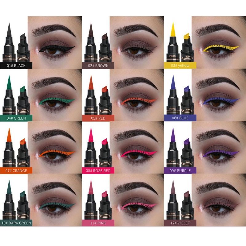 12 Farger Double Head Eyeliner Pen Fluorescence Flytende Triangle Stamp Pen Eye Makeup