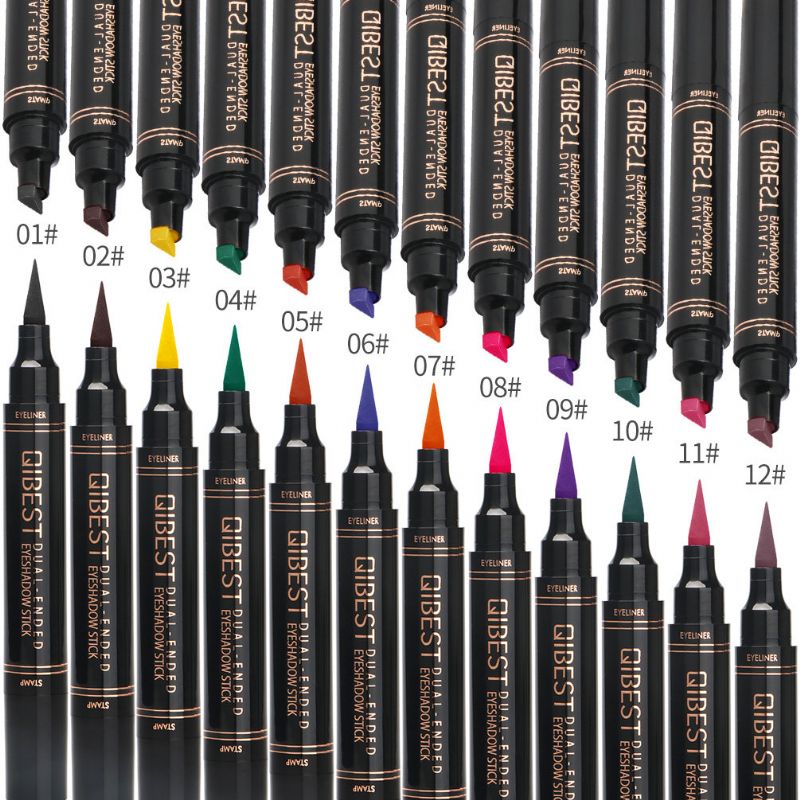 12 Farger Double Head Eyeliner Pen Fluorescence Flytende Triangle Stamp Pen Eye Makeup