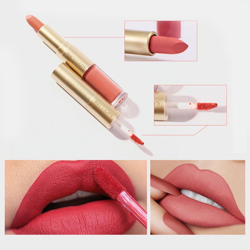 2 I 1 Matt Leppestift Lip Gloss Dobbelthodet Design Vanntett Myk Glatt Kosmetisk Lip Makeup