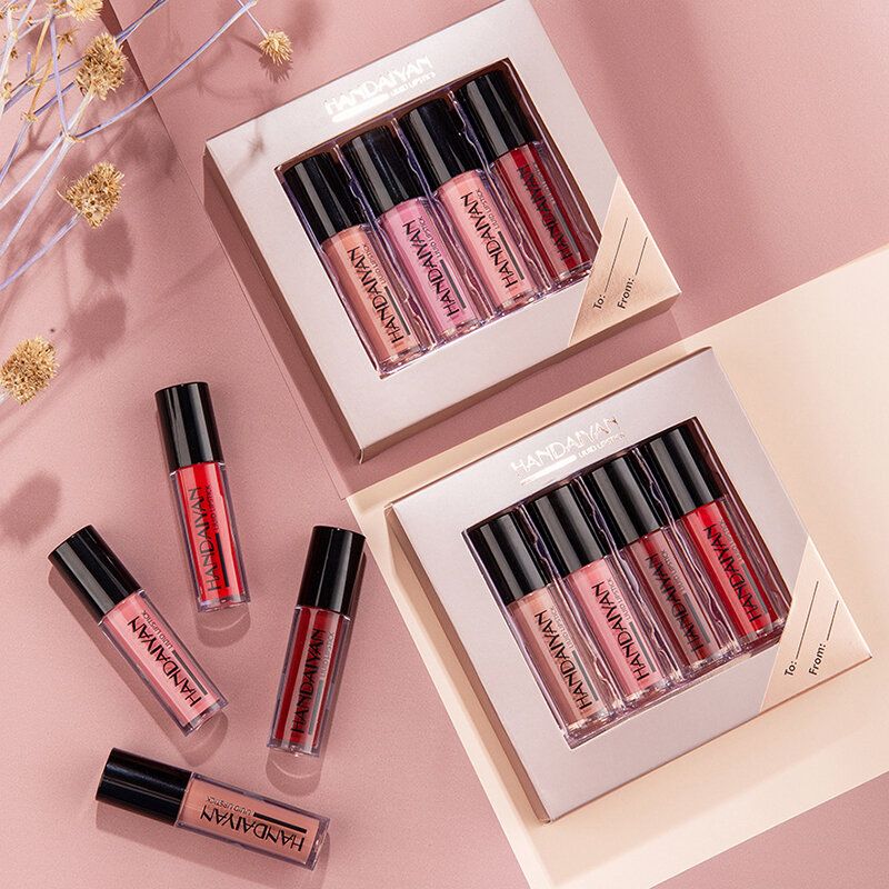 4 Stk Flytende Lipgloss Sett Naturlig Fuktighetskrem Vanntett Non-stick Kopp Matt Speil Lip Glaze Kit