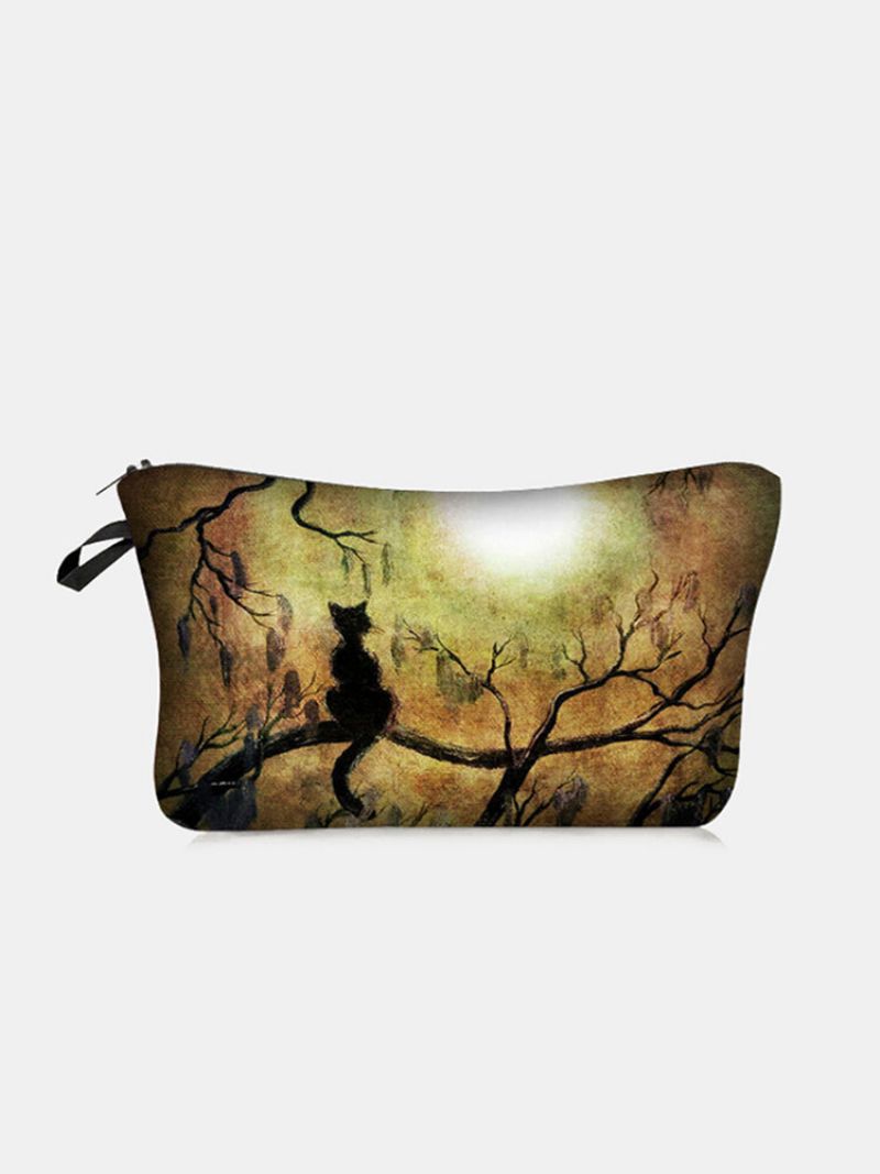 Bærbar Cat Moon Printed Makeup Bag Reise Dame Vask Oppbevaringspose