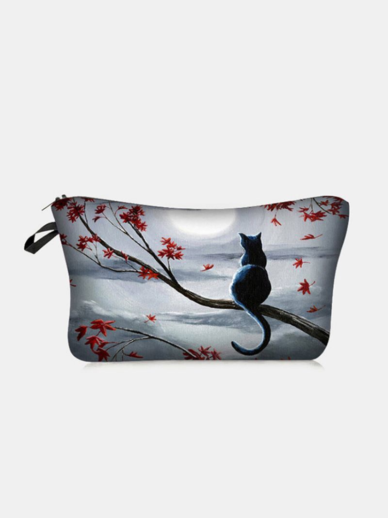 Portable Cat Looking The Moon Printed Makeup Bag Dame Travel Wash Storage Bag