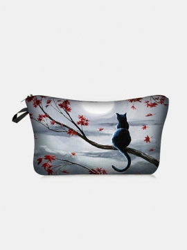 Portable Cat Looking The Moon Printed Makeup Bag Dame Travel Wash Storage Bag