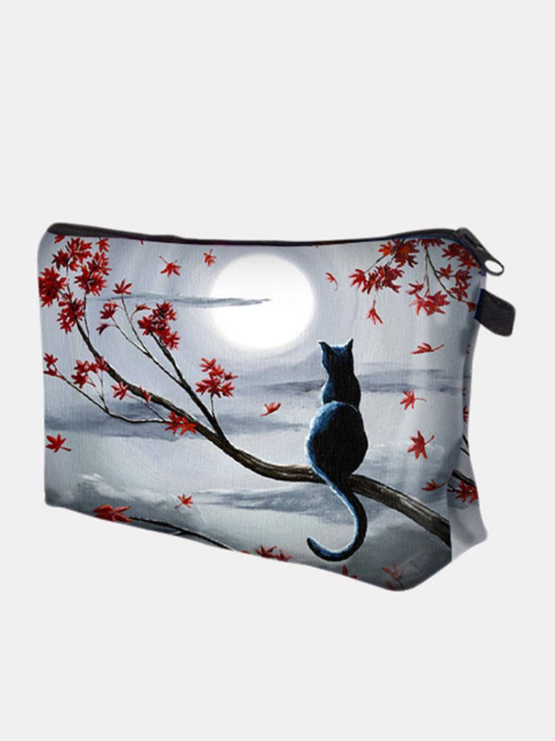 Portable Cat Looking The Moon Printed Makeup Bag Dame Travel Wash Storage Bag