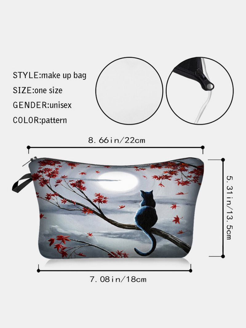 Portable Cat Looking The Moon Printed Makeup Bag Dame Travel Wash Storage Bag