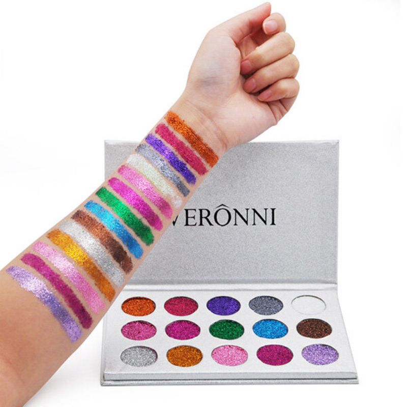 Veronni 15 Farger Glitter Øyenskyggepalett Diamond Rainbow Make Up Kosmetisk Presset Glitters Eye Sh