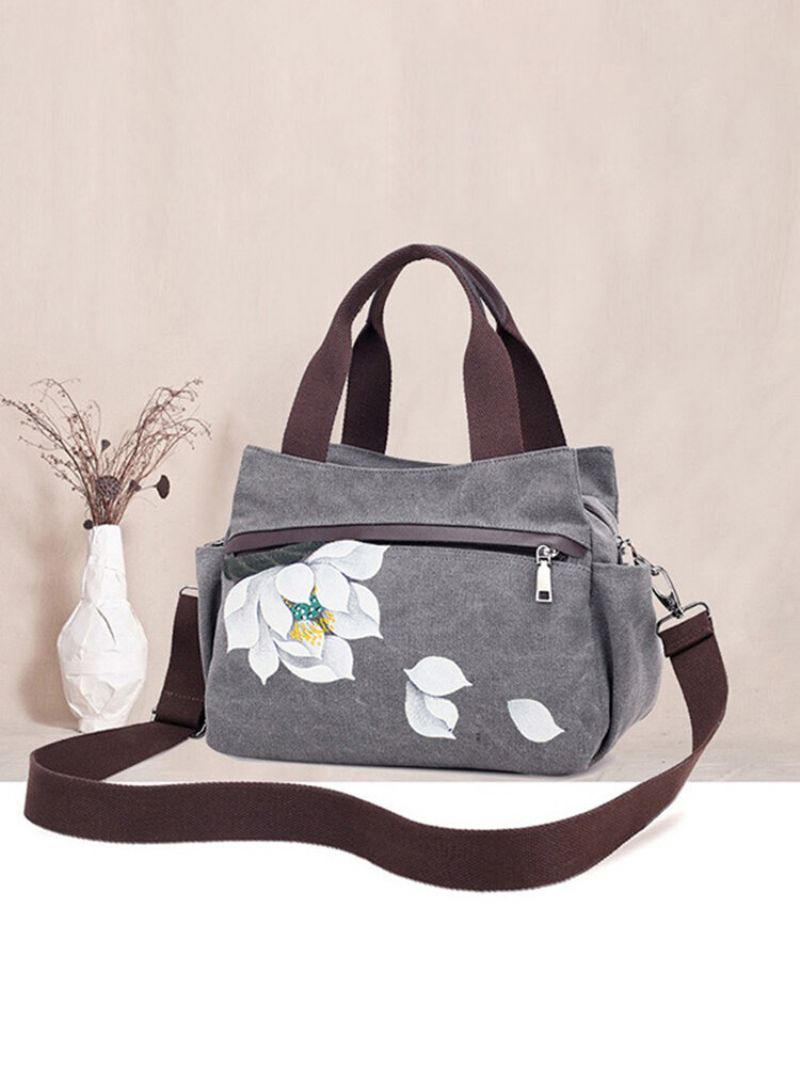 Canvas Tote Håndvesker Kinesisk Stil Frontlommer Skulder Crossbody Vesker