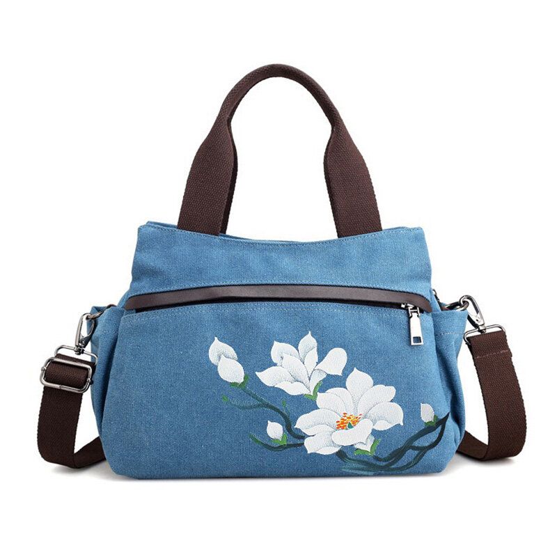 Canvas Tote Håndvesker Kinesisk Stil Frontlommer Skulder Crossbody Vesker