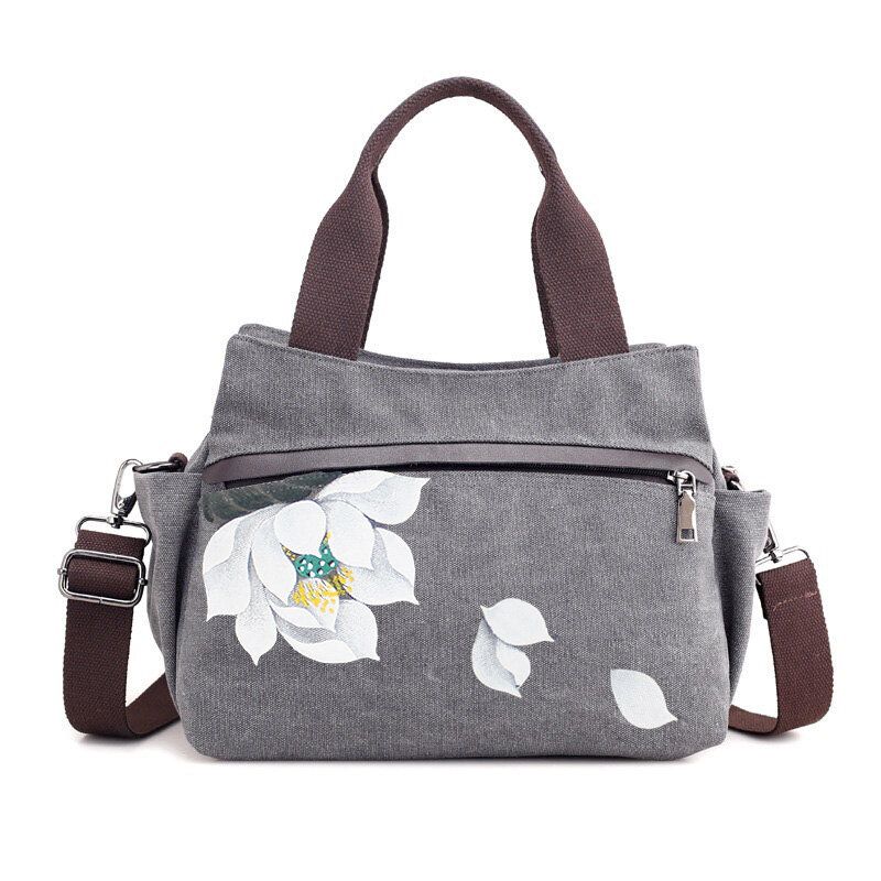 Canvas Tote Håndvesker Kinesisk Stil Frontlommer Skulder Crossbody Vesker