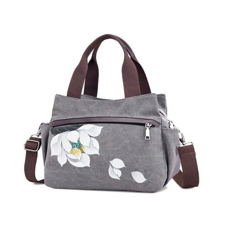 Canvas Tote Håndvesker Kinesisk Stil Frontlommer Skulder Crossbody Vesker