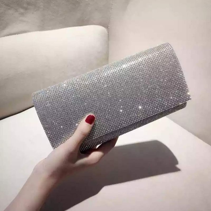 Clutch Pu Diamantbelagt Materiale Skinnende Overflate Lang Stil Veske Til Middagsselskap Kvinner Fasjonabel Kveldsveske