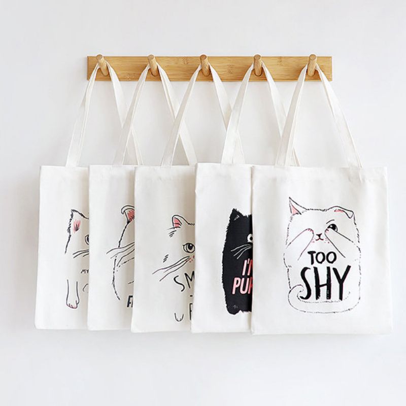 Cute Cat Prints Canvas Skulderveske Casual Bag