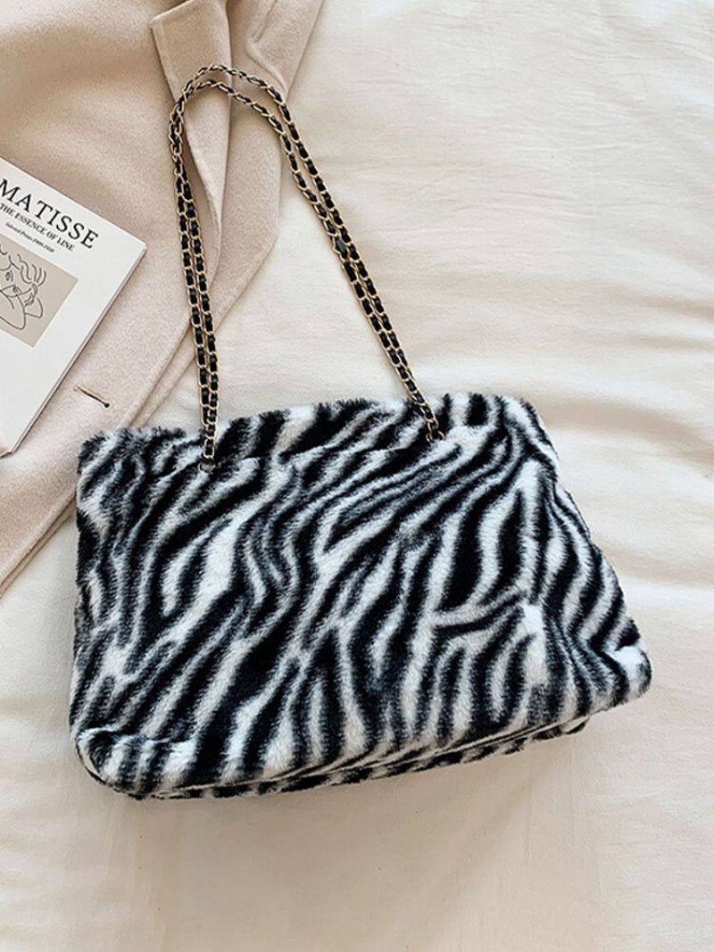 Dame Plysj Brief Ensfarget Leopard Zebra Stor Kapasitet Crossbody Bag Tote