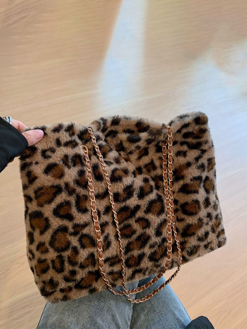 Dame Plysj Brief Ensfarget Leopard Zebra Stor Kapasitet Crossbody Bag Tote