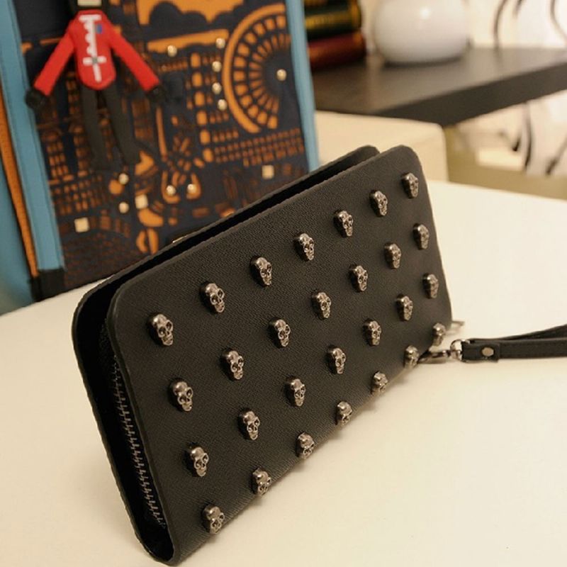 Dame Veske Vintage Punk Skull Bag Pu Lær Lommebøker Lang Reiseveske Armbånd Clutch