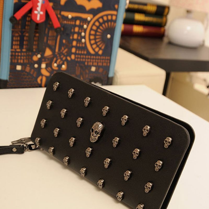 Dame Veske Vintage Punk Skull Bag Pu Lær Lommebøker Lang Reiseveske Armbånd Clutch