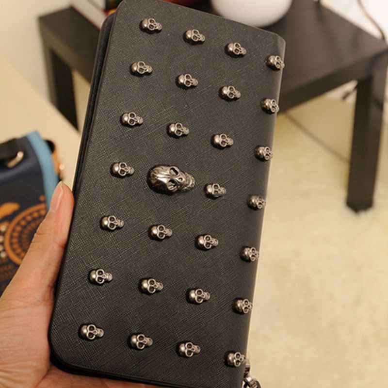 Dame Veske Vintage Punk Skull Bag Pu Lær Lommebøker Lang Reiseveske Armbånd Clutch