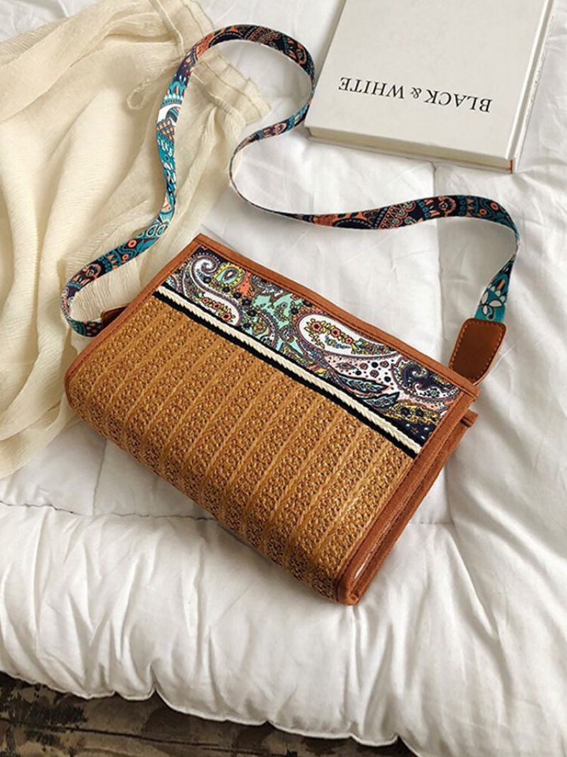 Damer Straw Bohemian Etnisk Mønster Design Square Crossbody Bag Mote Vintage Skulderveske