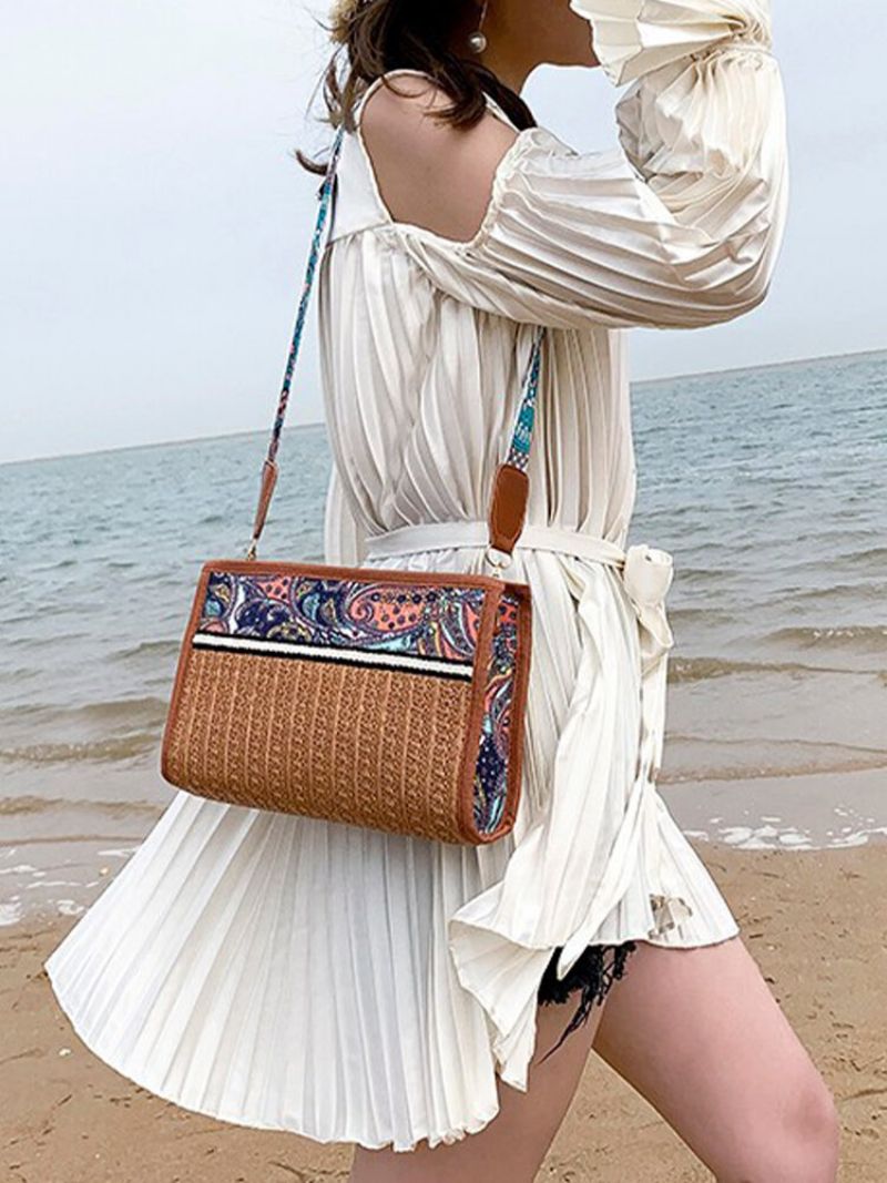 Damer Straw Bohemian Etnisk Mønster Design Square Crossbody Bag Mote Vintage Skulderveske