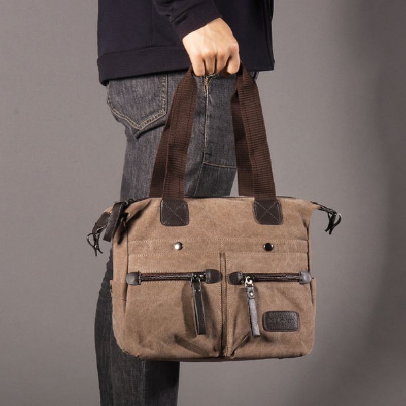 Ekphero Menn Kvinner Casual Canvas Bærbare Håndvesker Med Flere Lommer Pute Crossbody Bag