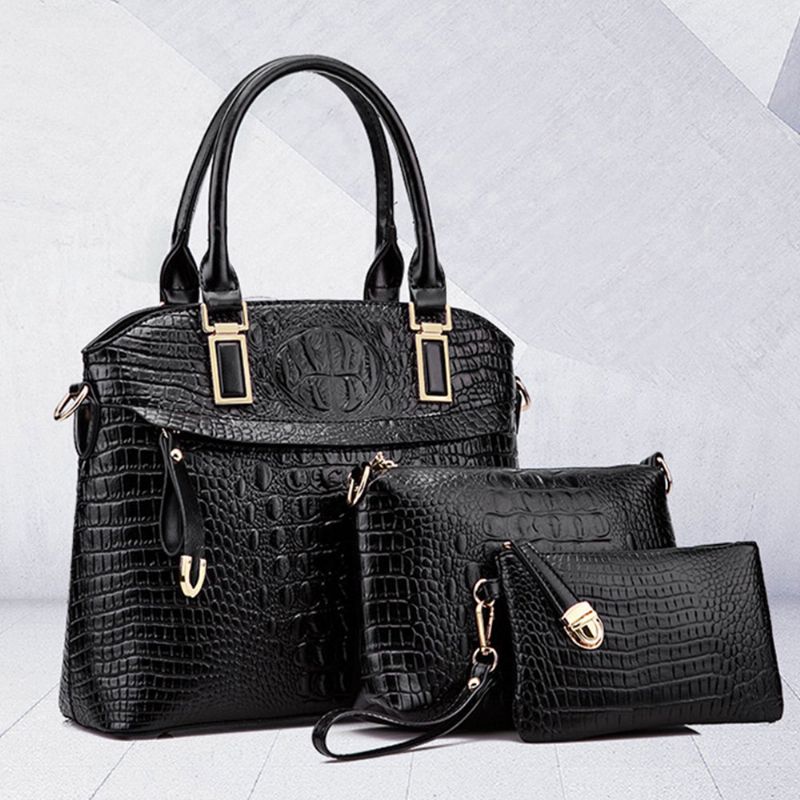 Elegant Dametilbehørsett 3 Stk Crocodile Stria Preget Pu-lær Skulderveske Og Veske Og Strapped Clutch