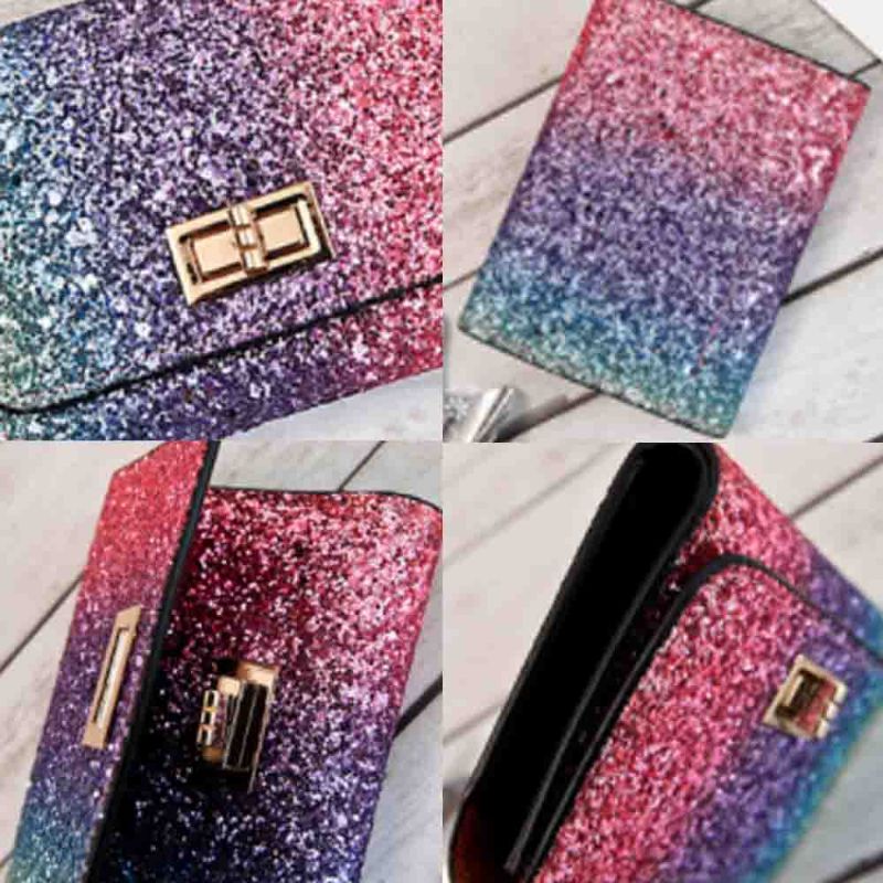 Elegant Kort Veske Folio Mini Håndveske Paljetter Fargerike 3 Spor Pu-skinn Rainbow Clutch-veske Kveldsfesttilbehør