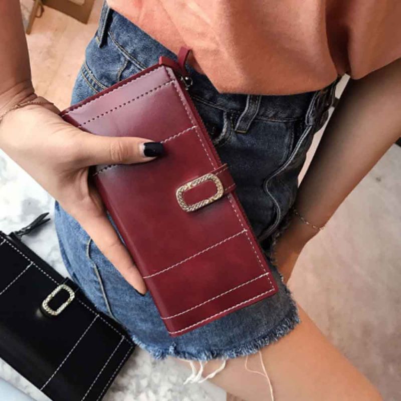 Elegant Syntetisk Skinn Lang Clutch Veske Med Spenne Belte Casual Solid Kvinner