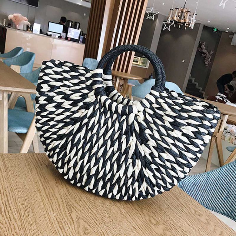 Fancy Elegant Kontrastfarget Lady Straw Hand Bag Minimalist Arch Vacation Beach Bag For Kvinner