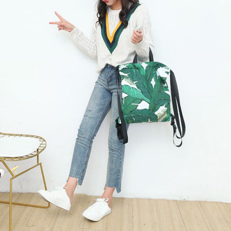 Fresh Print Leaf Canvas Ryggsekk Leisure Handbag