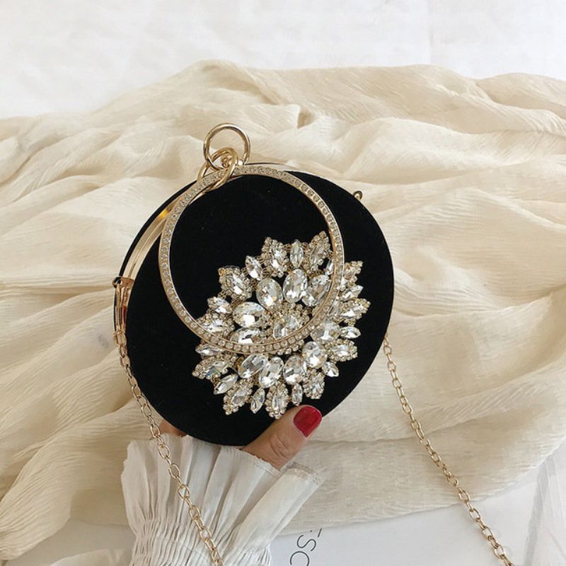 Ins Day Small Bag Kvinne New Fashion Rhinestones Wild Shoulder Bag Chain Slung Rund Bag