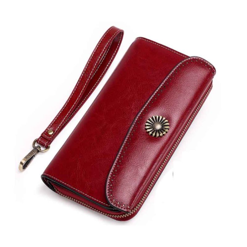 Klassisk Sunflower Lady Clutch Ekte Skinn Flip-type Veske Med Kortholder Mini Lang Dame Tilbehør