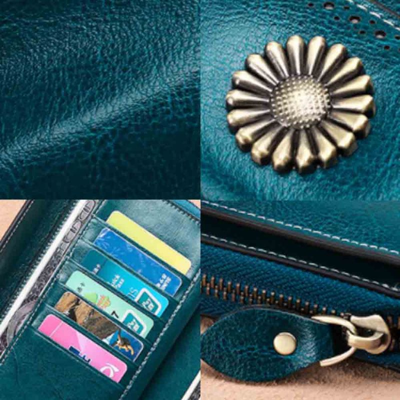 Klassisk Sunflower Lady Clutch Ekte Skinn Flip-type Veske Med Kortholder Mini Lang Dame Tilbehør