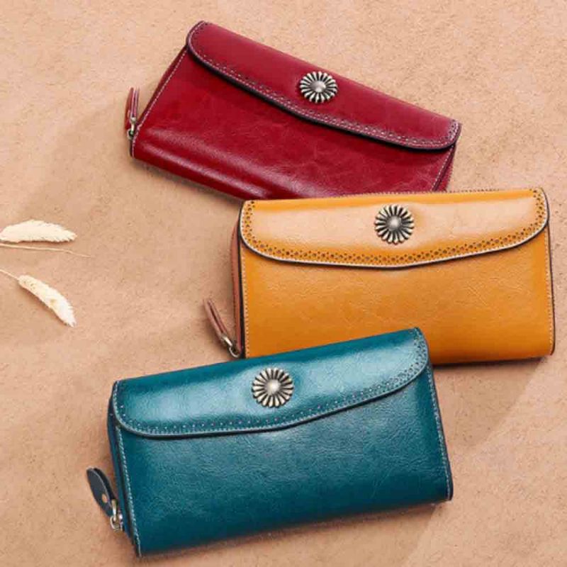 Klassisk Sunflower Lady Clutch Ekte Skinn Flip-type Veske Med Kortholder Mini Lang Dame Tilbehør