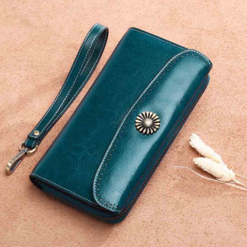 Klassisk Sunflower Lady Clutch Ekte Skinn Flip-type Veske Med Kortholder Mini Lang Dame Tilbehør