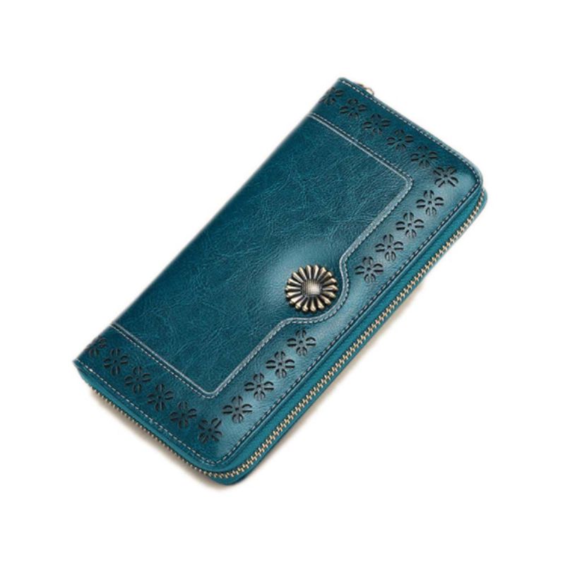 Klassisk Uthult Sunflower Lady Clutch Ekte Skinn Glidelås Anheng Kortholder Veske Lang