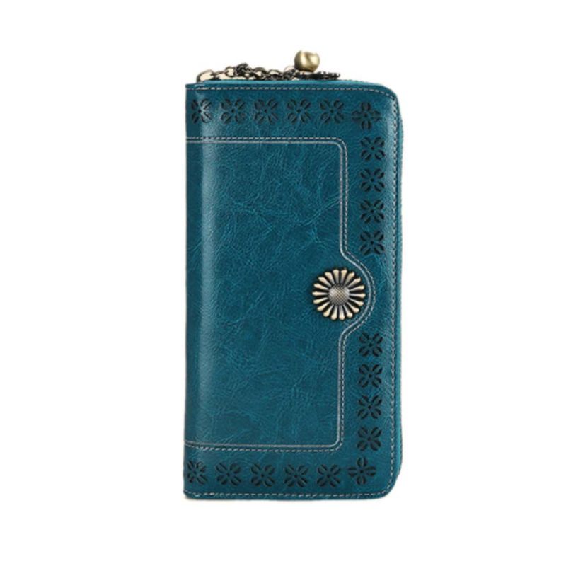 Klassisk Uthult Sunflower Lady Clutch Ekte Skinn Glidelås Anheng Kortholder Veske Lang