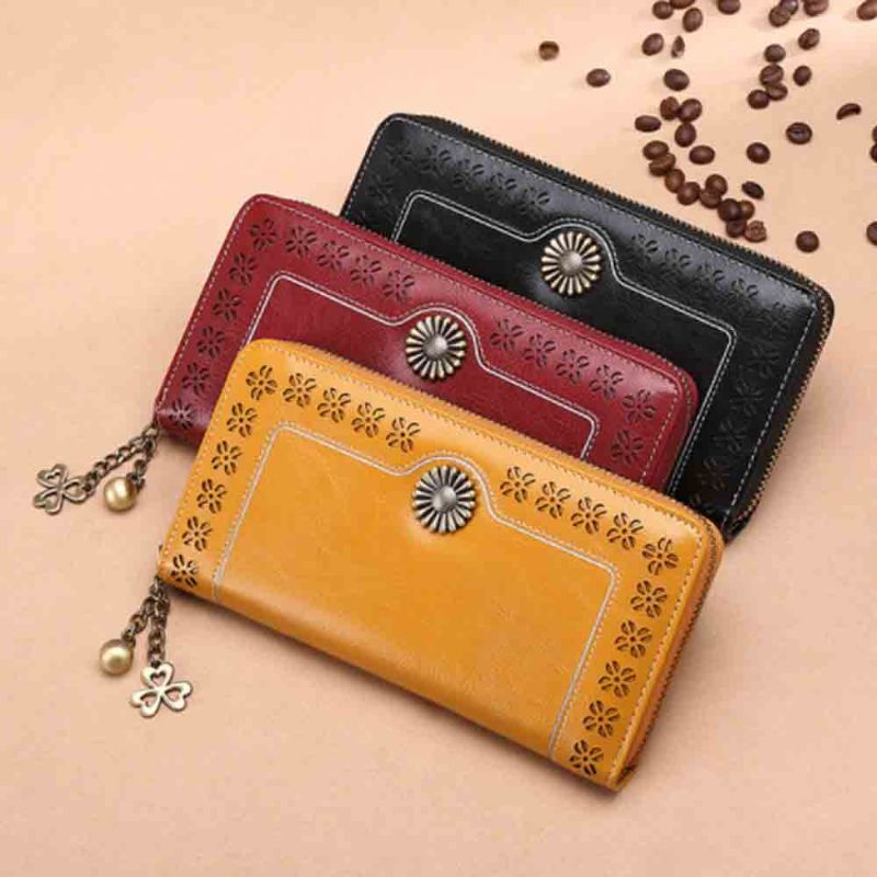 Klassisk Uthult Sunflower Lady Clutch Ekte Skinn Glidelås Anheng Kortholder Veske Lang