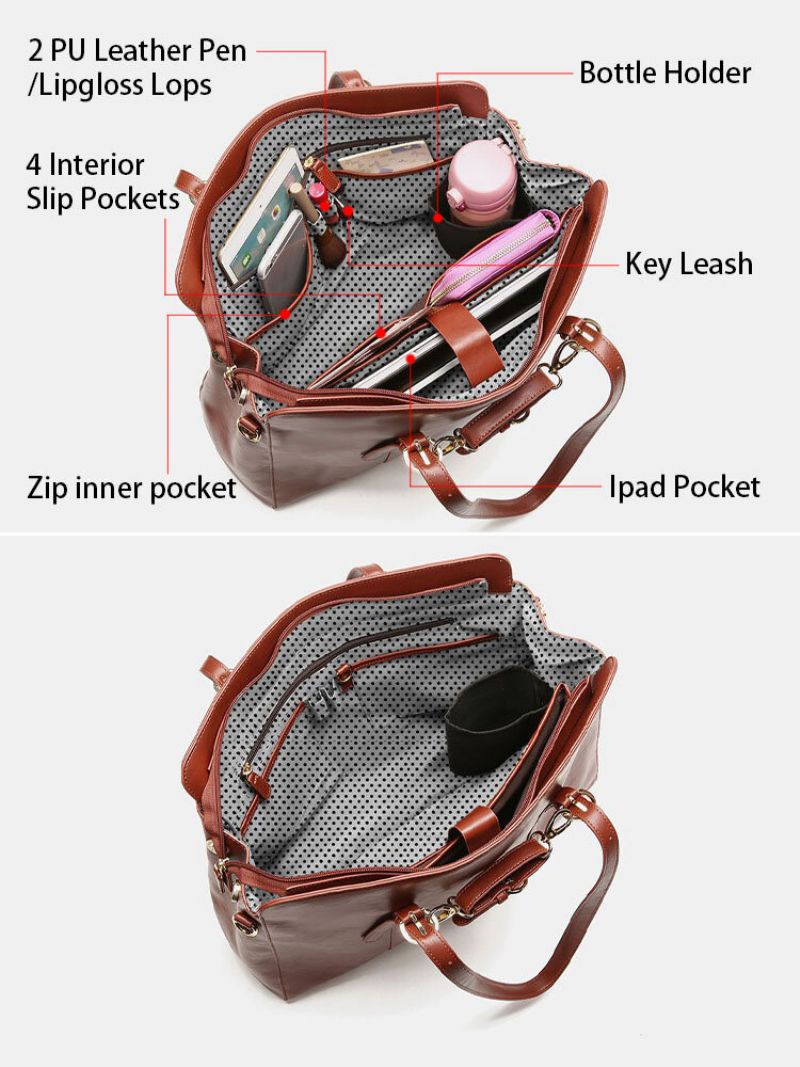 Kunstskinn Multi-lomme Stor Kapasitet 13.3 Tommers Bærbar Veske Todelt Sett Håndveske Crossbody Bag Tote