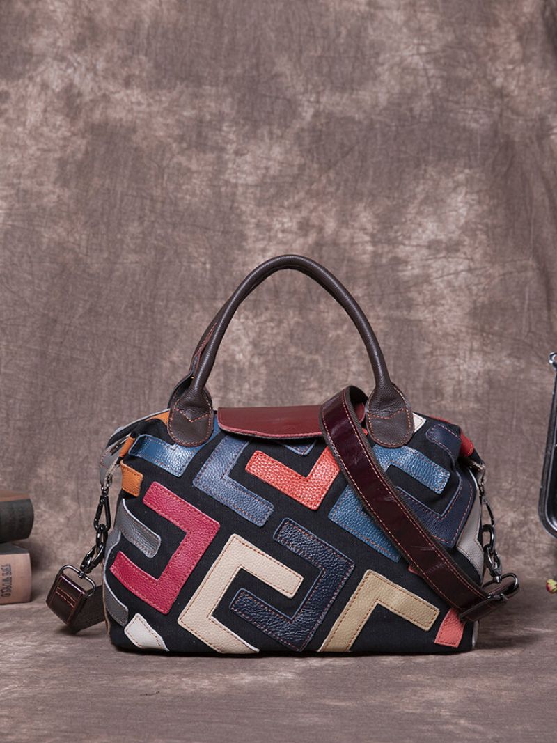 Kvinner Bohemian Ekte Skinn Patchwork Håndvesker Med Stor Kapasitet Vintage Crossbody-vesker