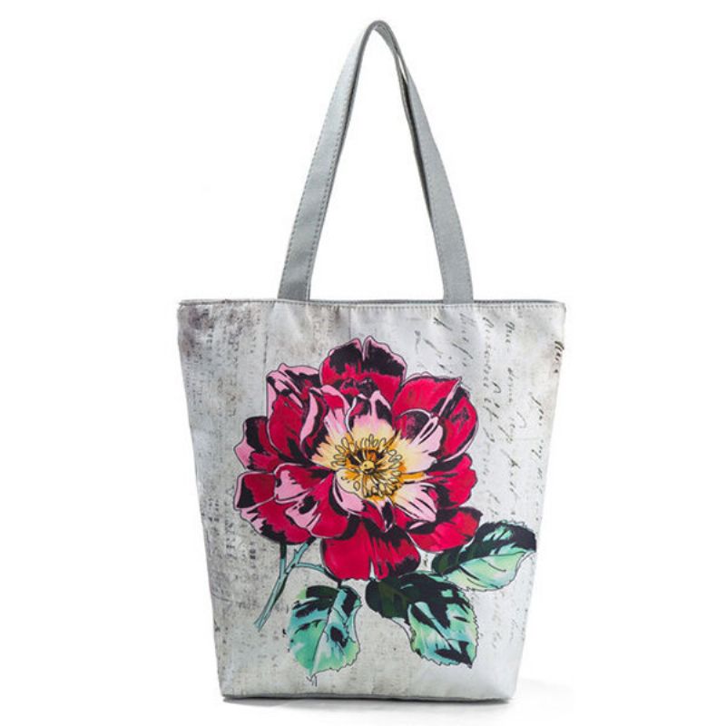 Kvinner Canvas Print Casual Tote Håndveske Stor Kapasitet Skulderveske