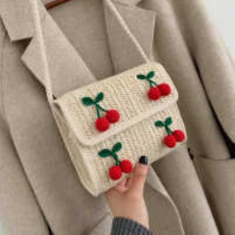 Kvinner Cherry Straw Shoulder Messenger Bag Håndveske